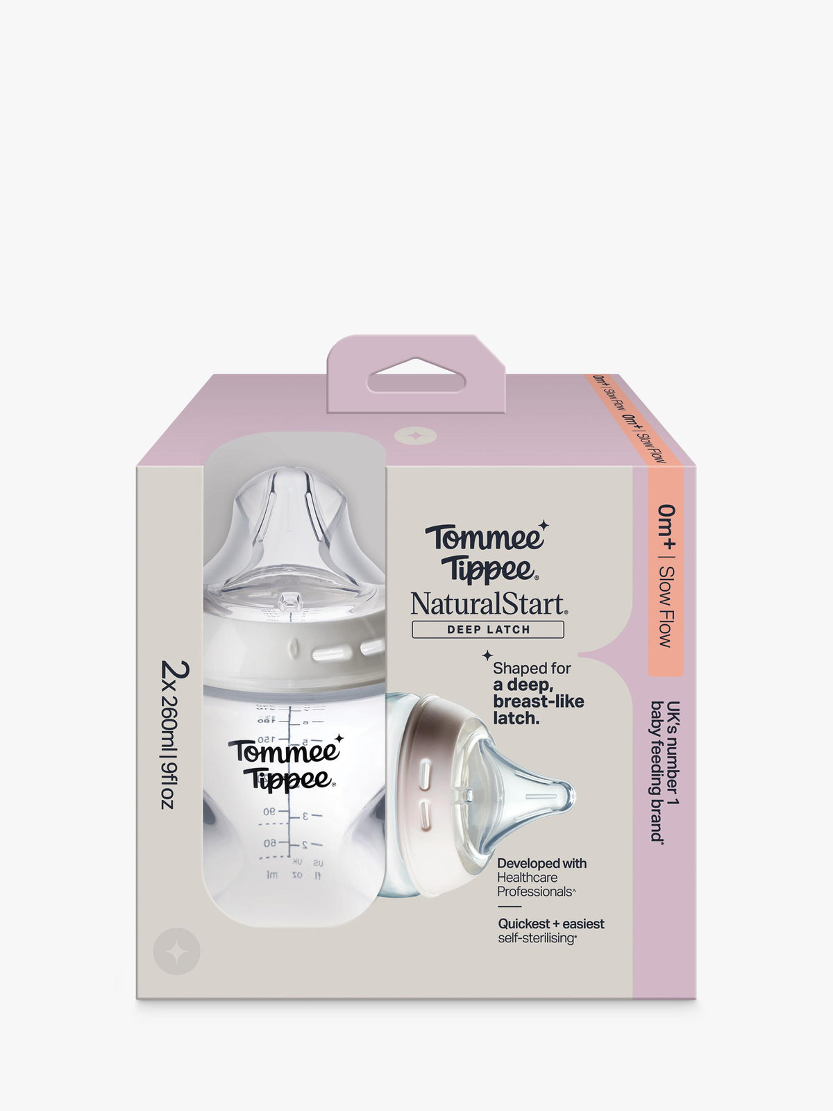Tommee Tippee Natural Start Baby Bottles with Deep Latch Triangular Teats, 260ml, Slow Flow, Pack of 2