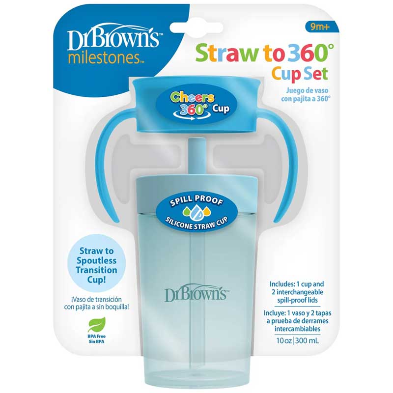 Dr Brown’s 9m+ Cheers 300ml Straw To 360 Spoutless Transition Cup Set Blue