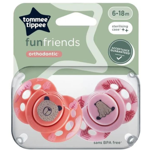 Tommee tippee funfriends pacifier pink 6-18m 2 pack.