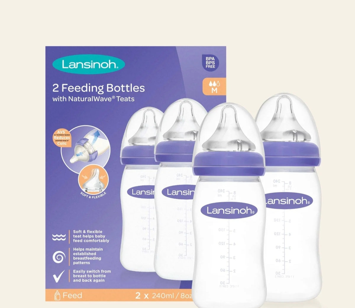 Lansinoh plastic set of 2 feeding bottles - 240ml (medium flow)