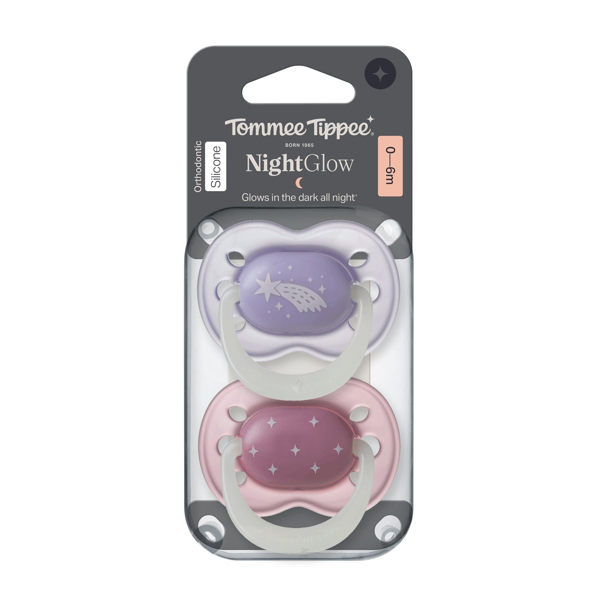 Tommee Tippee Night Time Soother 0-6m 2Pk purple and pink