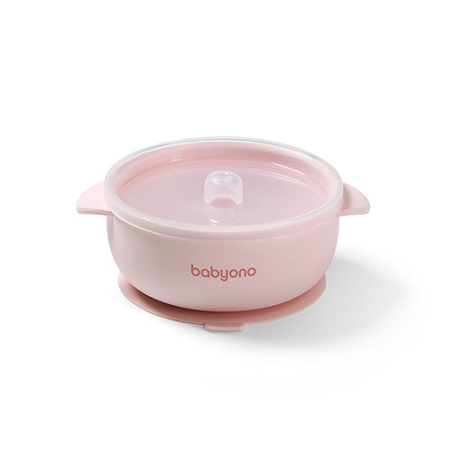 Suction bowl with lid pink
