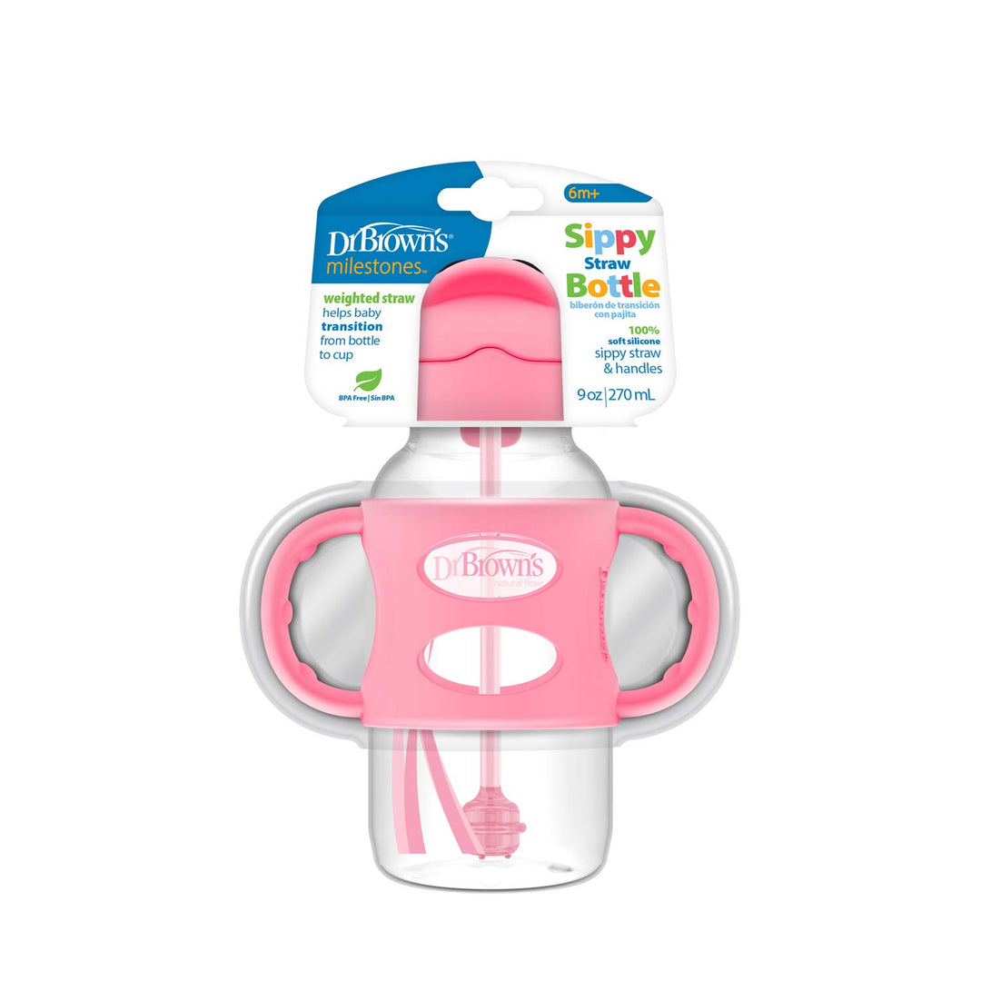 Sippy straw wide neck, bottle with silicone handles, 9oz/270ml, pink
