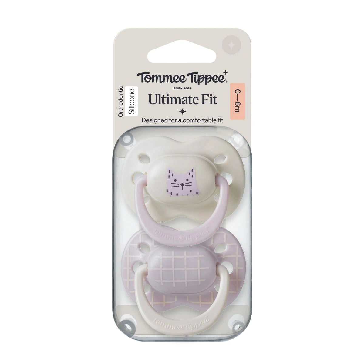 Tommee Tippee Decorated Ultimate Fit Girl Soother 0-6m purple and white cat