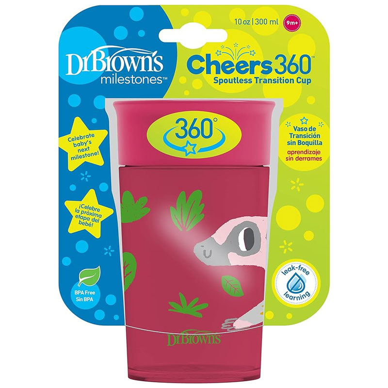 Jungle Fun cheers 360 spoutless transition sippy cup with handles, 10oz/300ml, 9m+ pink